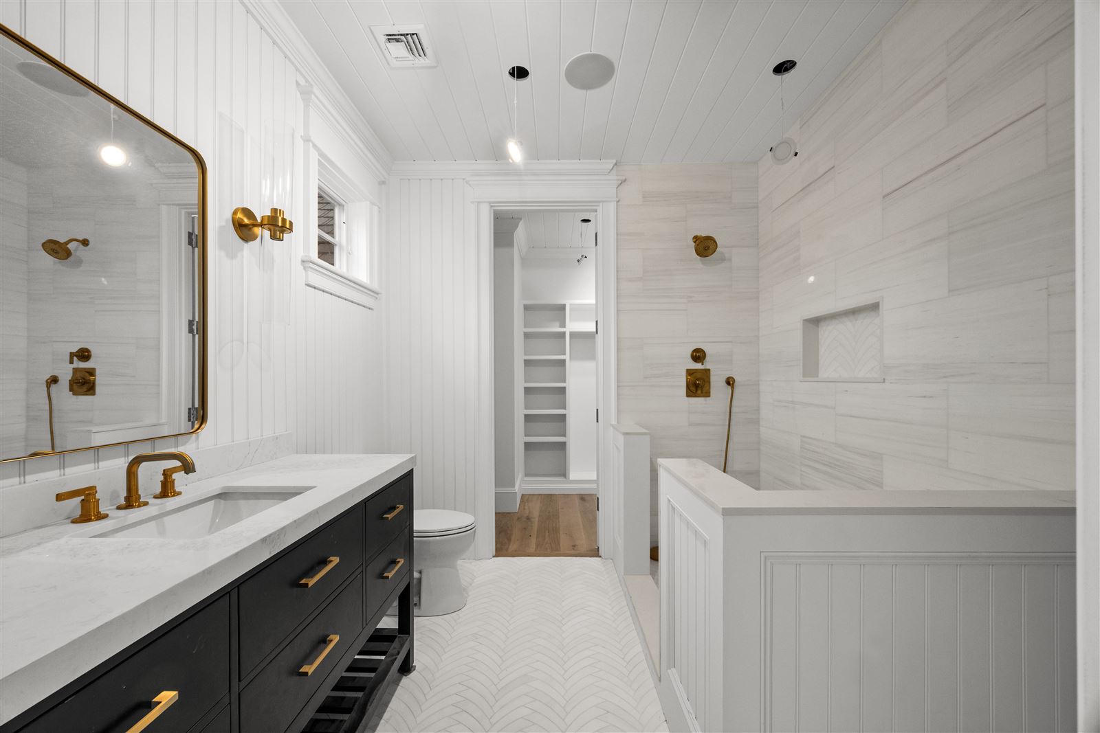 Double vanity with walk-in shower