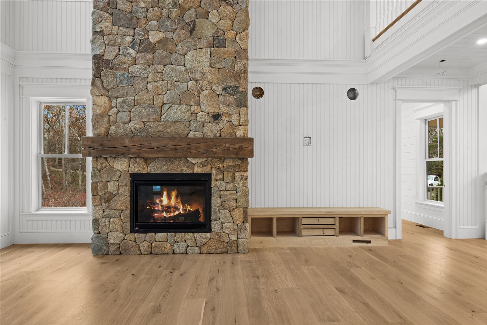 Floor-to-ceiling stone fireplace
