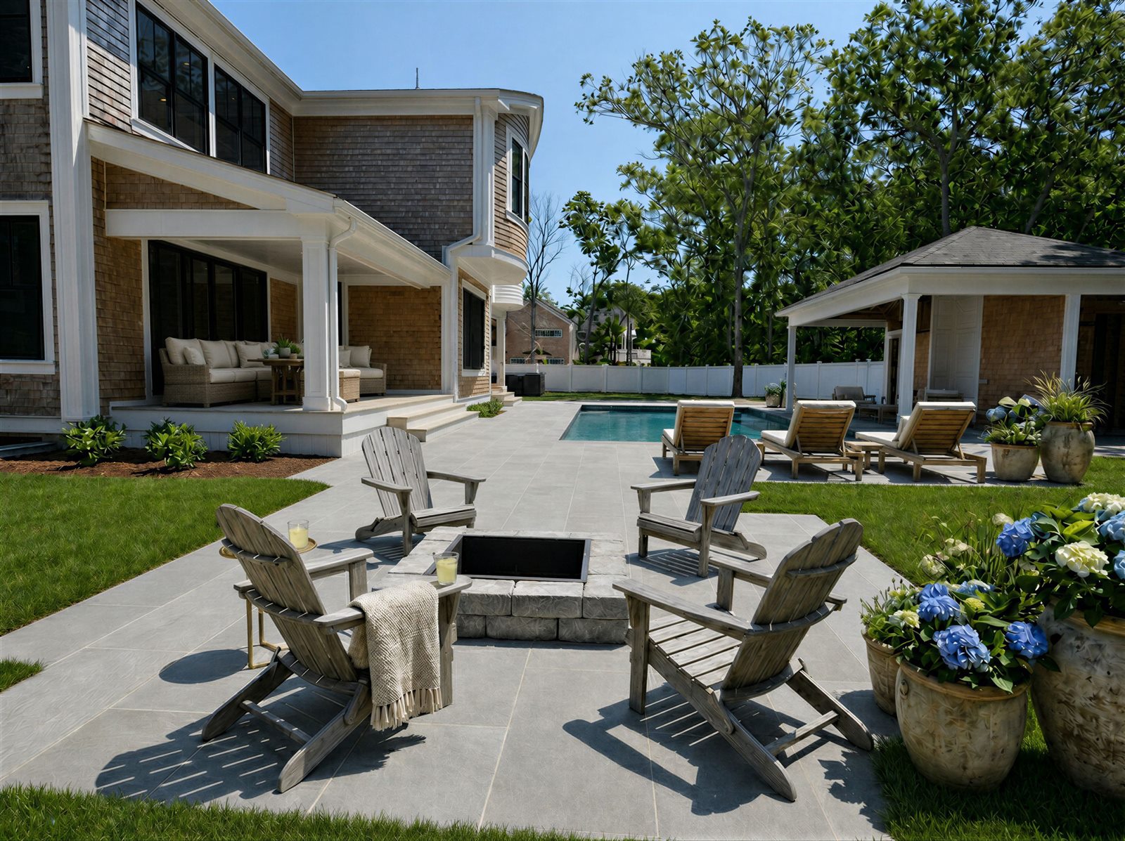 Pool, pool house and fire pit